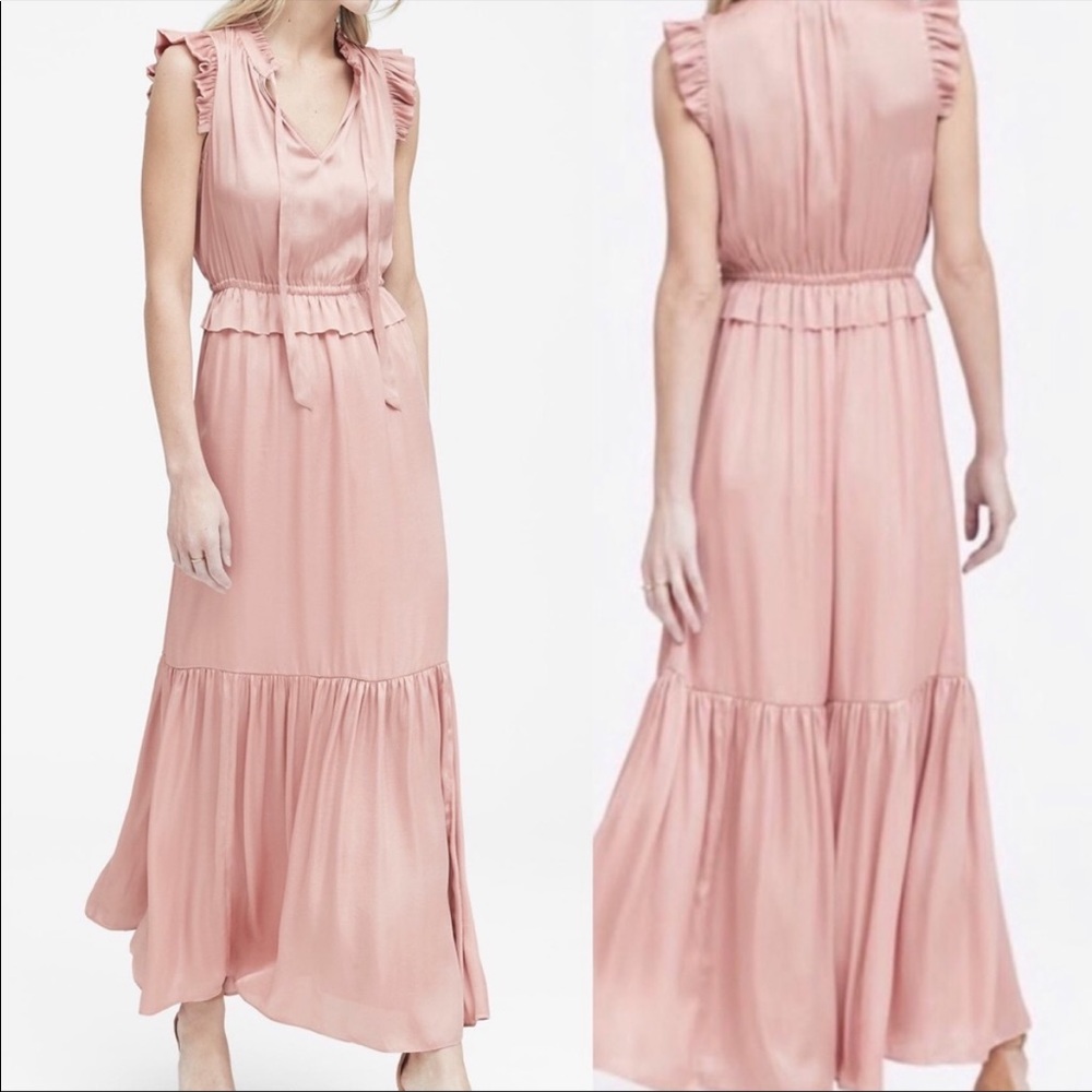 Banana Republic Satin Ruffle Maxi Dress, Soft Pink, Size 0